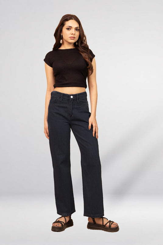 Baggy Fit Denim Pant with Full Belt | Wide Leg Jeans for Women - Groosberry Lifestyle