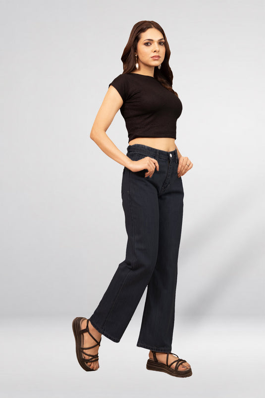 Baggy Fit Denim Pant with Full Belt | Wide Leg Jeans for Women - Groosberry Lifestyle