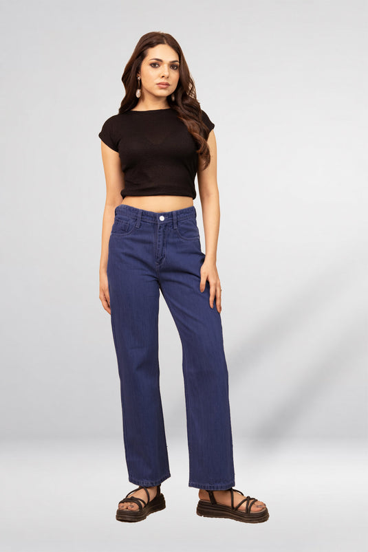 Baggy Fit Denim Pant with Full Belt | Wide Leg Jeans for Women - Groosberry Lifestyle