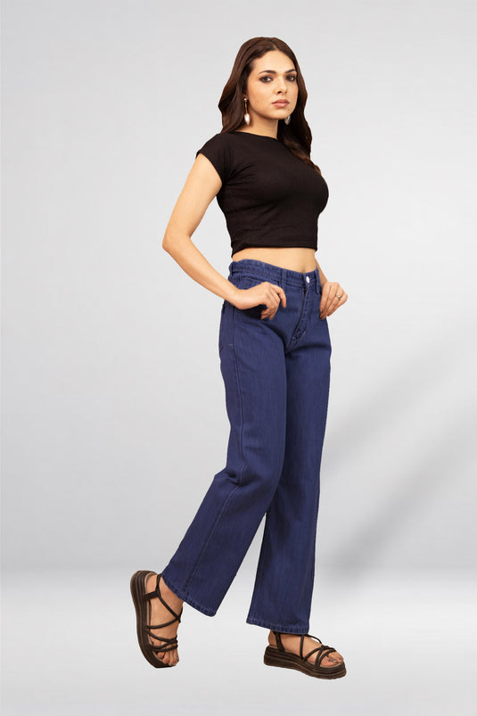 Baggy Fit Denim Pant with Full Belt | Wide Leg Jeans for Women - Groosberry Lifestyle