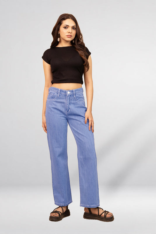Baggy Fit Denim Pant with Full Belt | Wide Leg Jeans for Women - Groosberry Lifestyle