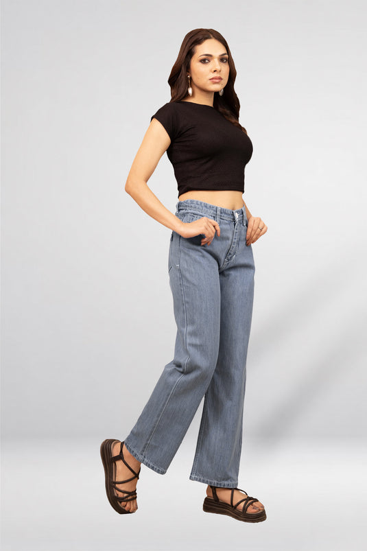 Baggy Fit Denim Pant with Full Belt | Wide Leg Jeans for Women - Groosberry Lifestyle