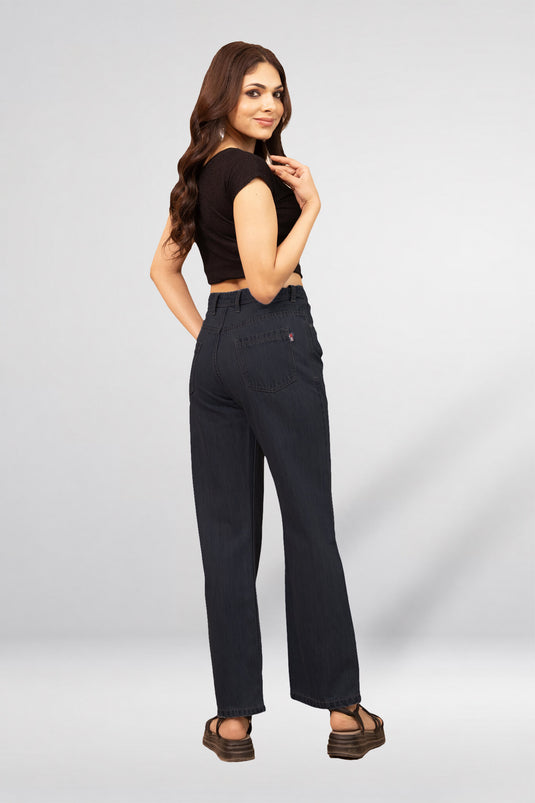 Baggy Fit Denim Pant with Full Belt | Wide Leg Jeans for Women - Groosberry Lifestyle