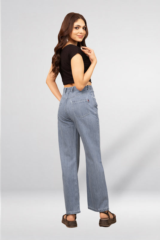Baggy Fit Denim Pant with Full Belt | Wide Leg Jeans for Women - Groosberry Lifestyle